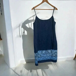 Vintage Denim Like Navy Blue Dress with Floral Paisley Hem Western Boho 14W